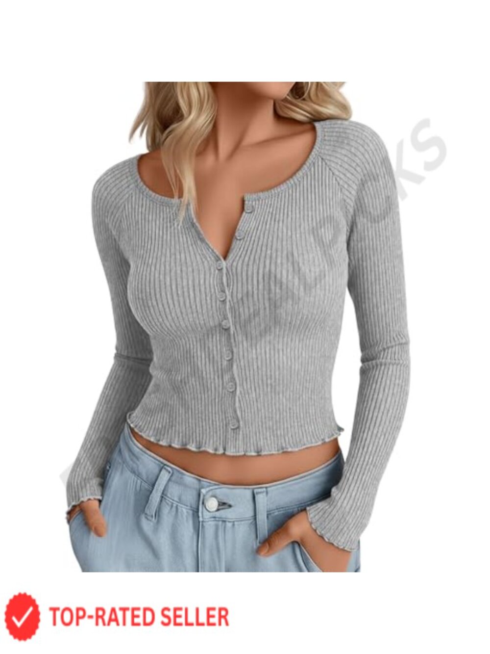 Womens Ribbed Button Up Cardigan Crop Long Sleeve Cotton Slim Fit Sweater